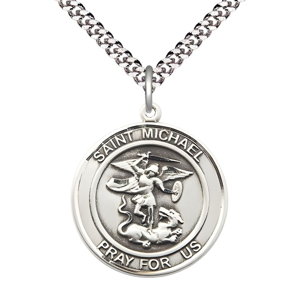 Bliss St. Michael the Archangel Pewter Round Medal Pendant with Rhodium-plated Chain, Measures 1-inch tall by 7/8-inch wide.