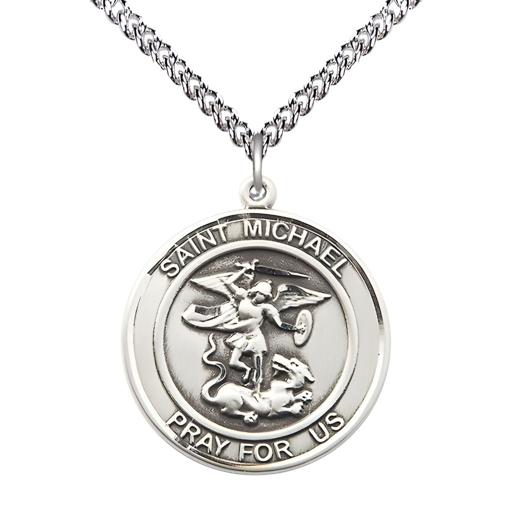 Bliss St. Michael the Archangel Sterling Silver Round Medal Pendant with Sterling Silver Chain, Measures 1-inch tall by 7/8-inch wide.