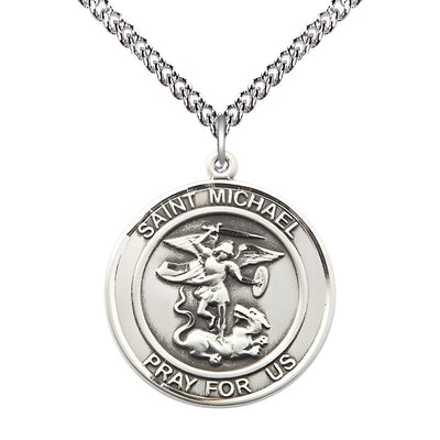 St. Michael the Archangel Sterling Silver Round Medal Pendant with Sterling Silver Chain, Measures 1-inch tall by 7/8-inch wide, Bliss Manufacturing
