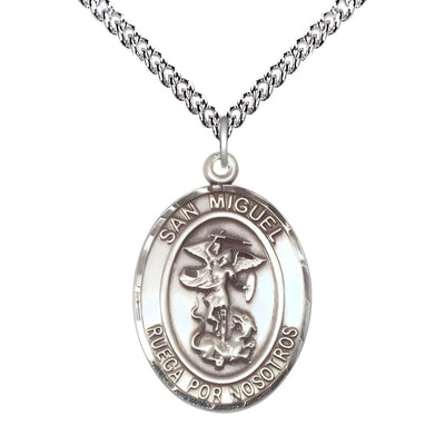 Spanish San Miguel Arcangel Sterling Silver Oval Medal Pendant with Sterling Silver Chain, Measures 1-inch tall by 3/4-inch wide. Deluxe Gift Box, Bliss Manufacturing