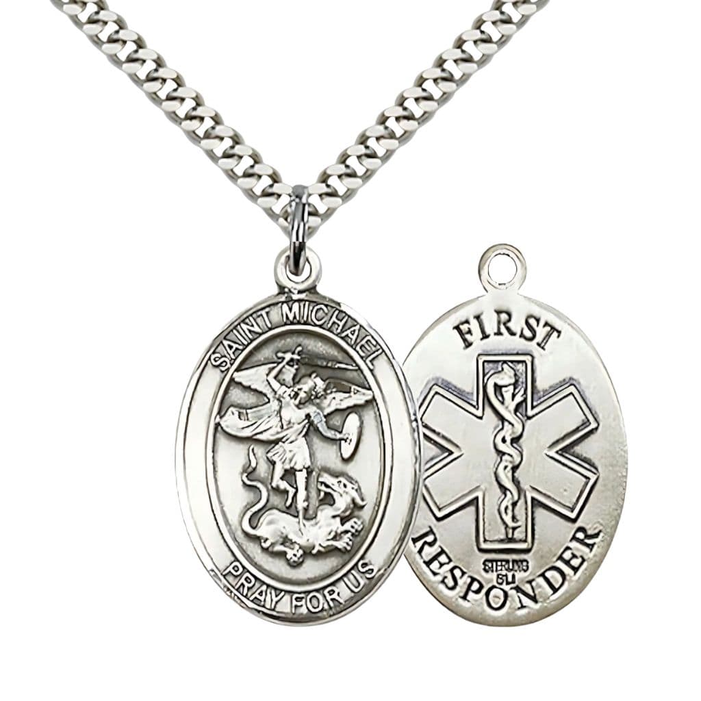 Bliss 1st Responder St. Michael the Archangel Sterling Silver Oval Medal Pendant with Rhodium-plated Chain, Measures 1-inch tall by 3/4-inch wide. Deluxe Gift Box.