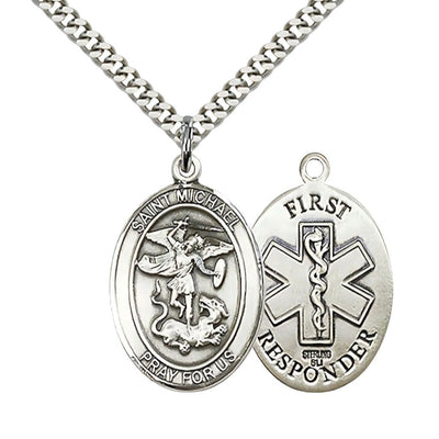 1st Responder St. Michael the Archangel Sterling Silver Oval Medal Pendant with Rhodium-plated Chain, Measures 1-inch tall by 3/4-inch wide. Deluxe Gift Box, Bliss Manufacturing