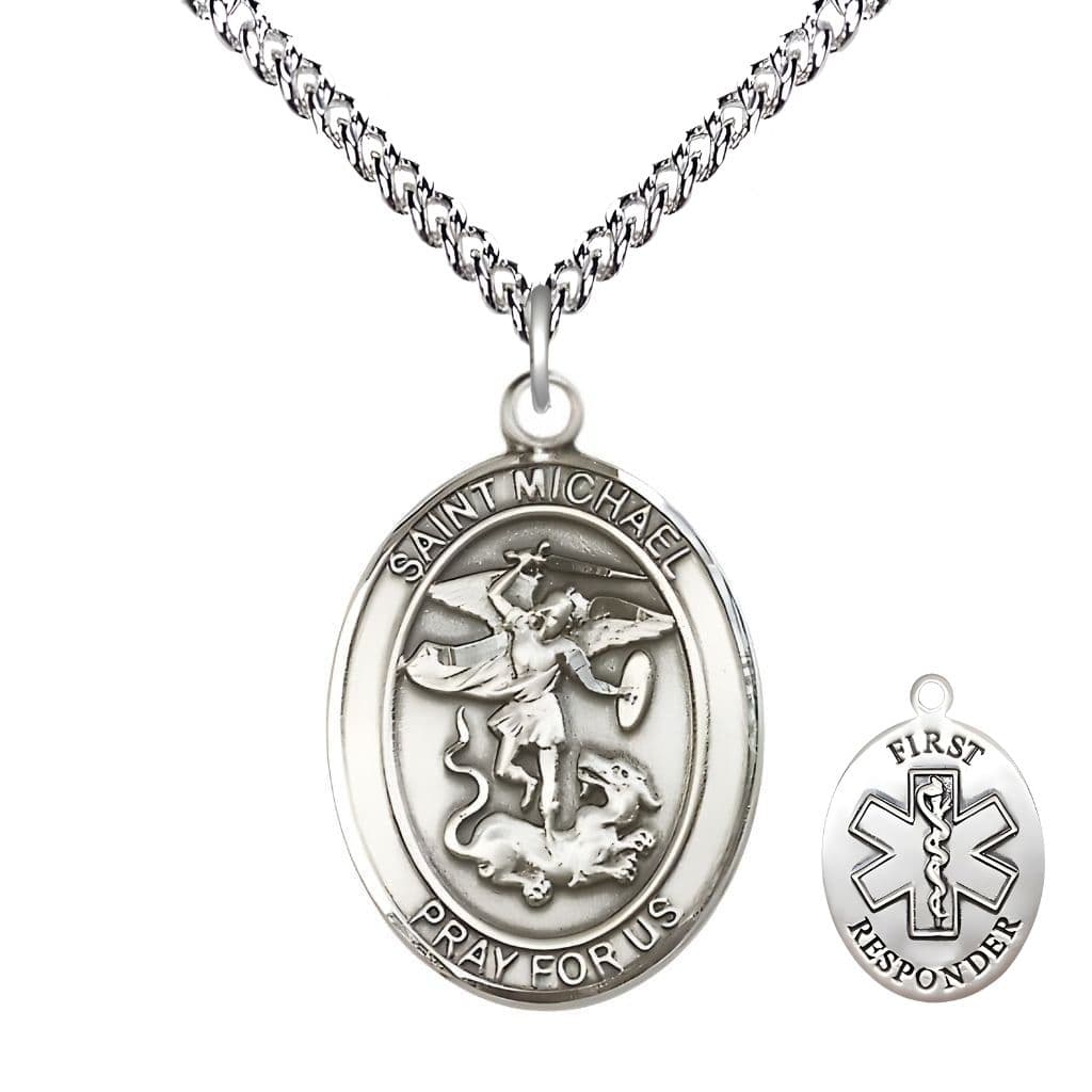 Bliss 1st Responder St. Michael the Archangel Sterling Silver Oval Medal Pendant with Sterling Silver Chain, Measures 1-inch tall by 3/4-inch wide. Deluxe Gift Box.