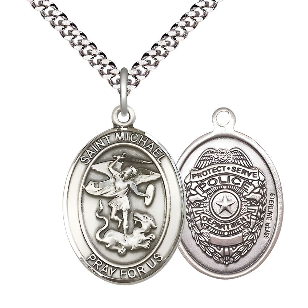 Bliss Police Officer St. Michael the Archangel Sterling Silver Round Medal Pendant with Rhodium-plated Chain, Measures 1-inch tall by 7/8-inch wide. Deluxe Gift Box.