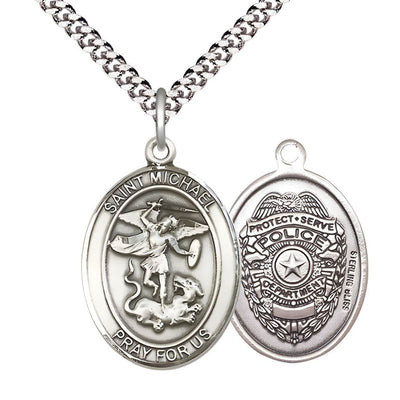 Police Officer St. Michael the Archangel Sterling Silver Round Medal Pendant with Rhodium-plated Chain, Measures 1-inch tall by 7/8-inch wide. Deluxe Gift Box, Bliss Manufacturing