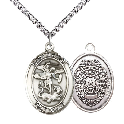 Police Officer St. Michael the Archangel Sterling Silver Round Medal Pendant with Sterling Silver Chain, Measures 1-inch tall by 7/8-inch wide. Deluxe Gift Box, Bliss Manufacturing