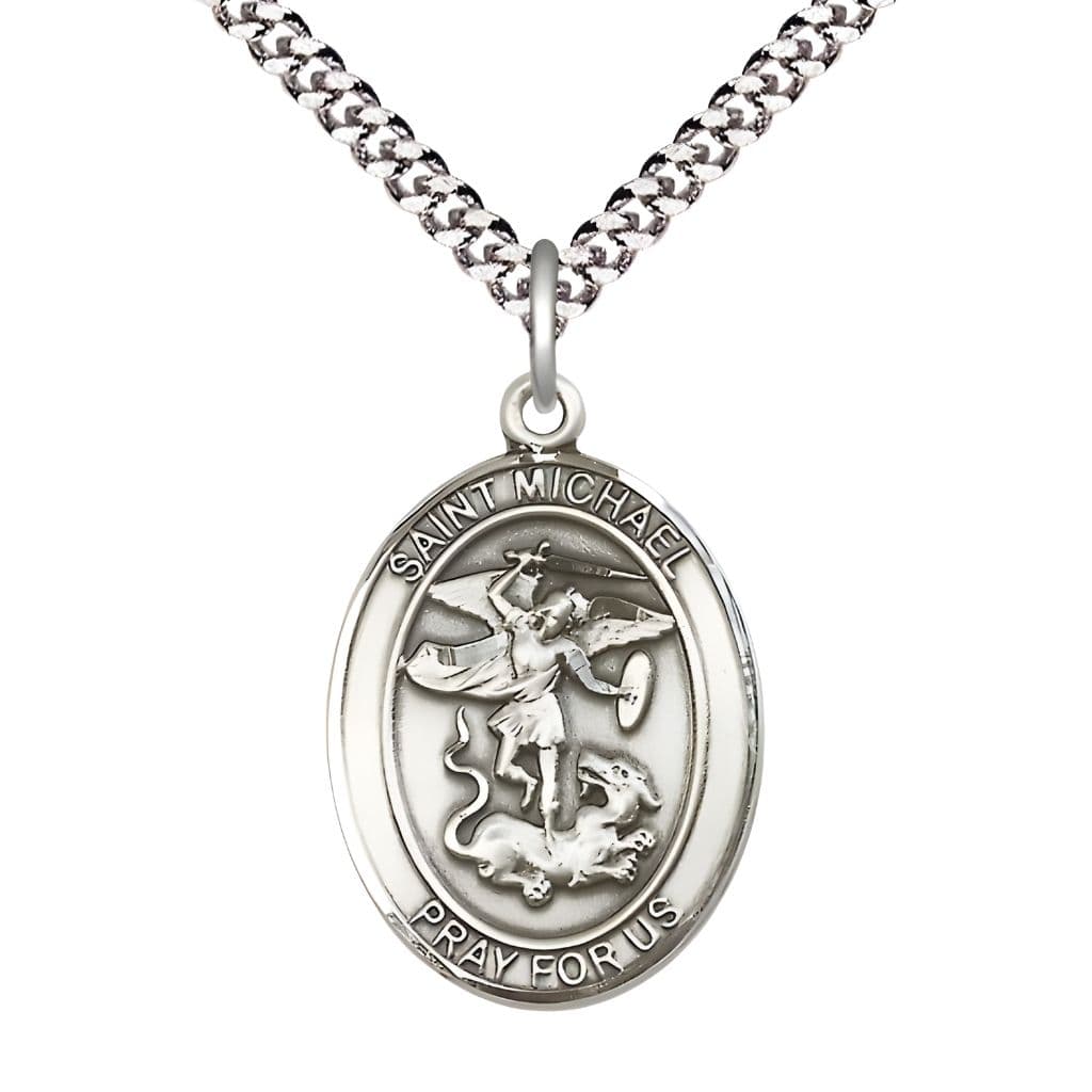 Bliss St. Michael the Archangel Sterling Silver Oval Medal Pendant with Rhodium-plated Chain, Measures 1-inch tall by 3/4-inch wide. Deluxe Gift Box.