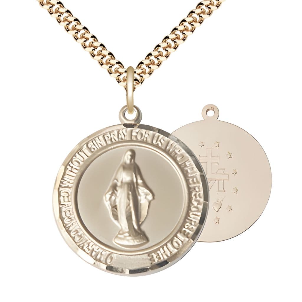 Bliss Round Miraculous Medal 14kt Gold-filled Pendant with Gold-plated Chain, Measures 1-inch tall by 7/8-inch wide.
