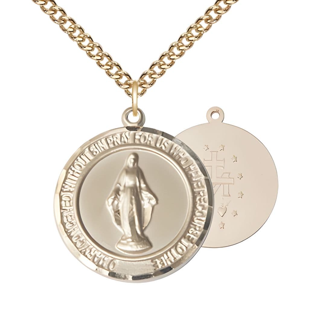 Bliss Round Miraculous Medal 14kt Gold-filled Pendant with Gold-filled Chain, Measures 1-inch tall by 7/8-inch wide.
