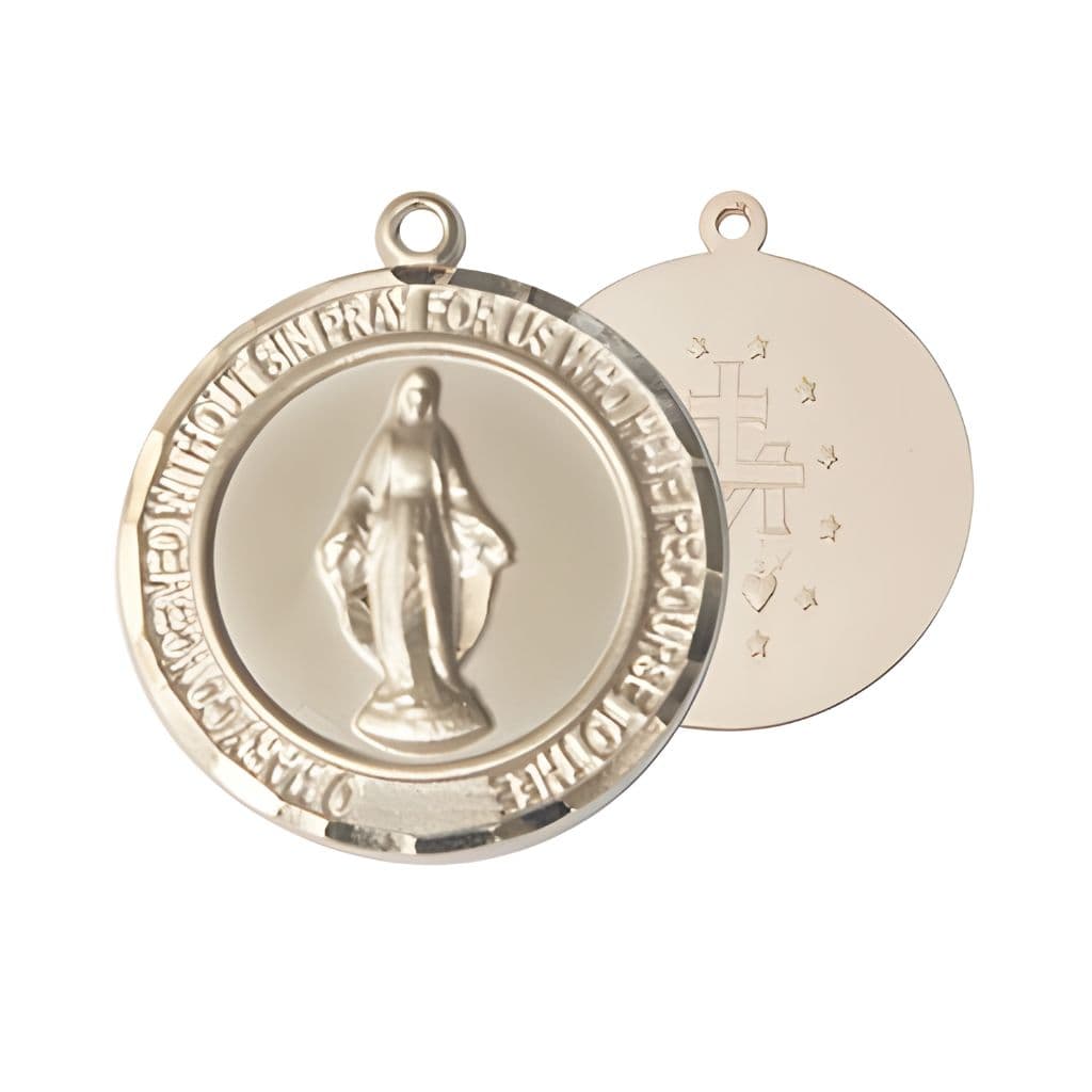 Bliss Round Miraculous Medal 14kt Gold Pendant, Measures 1-inch tall by 7/8-inch
