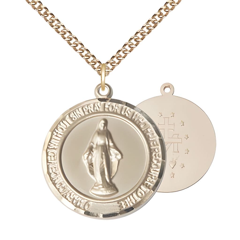Bliss Round Miraculous Medal 14kt Gold Pendant with 14kt Gold Chain, Measures 1-inch tall by 7/8-inch wide.