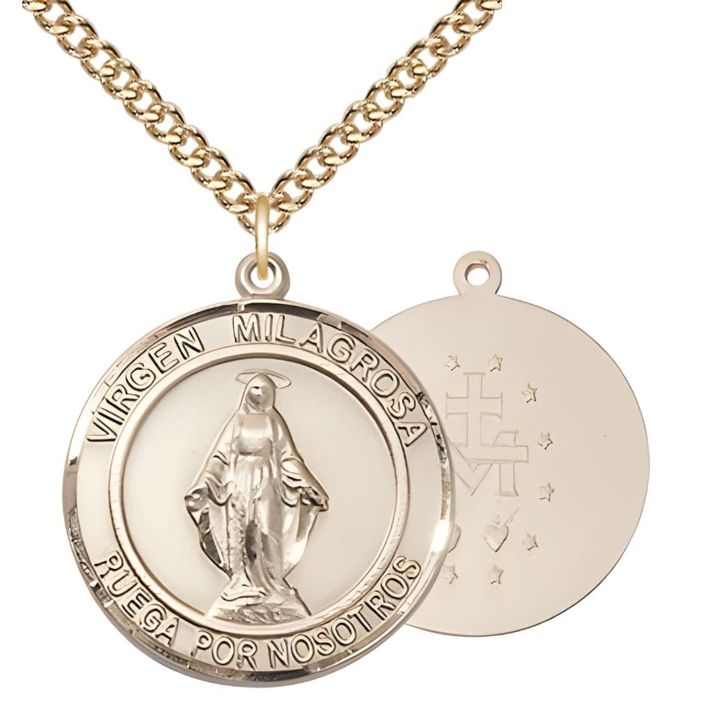 Bliss Round Spanish Virgen Milagrosa | Miraculous Medal 14kt Gold-Filled Pendant with Gold-filled Chain, Measures 1-inch tall by 3/4-inch wide.