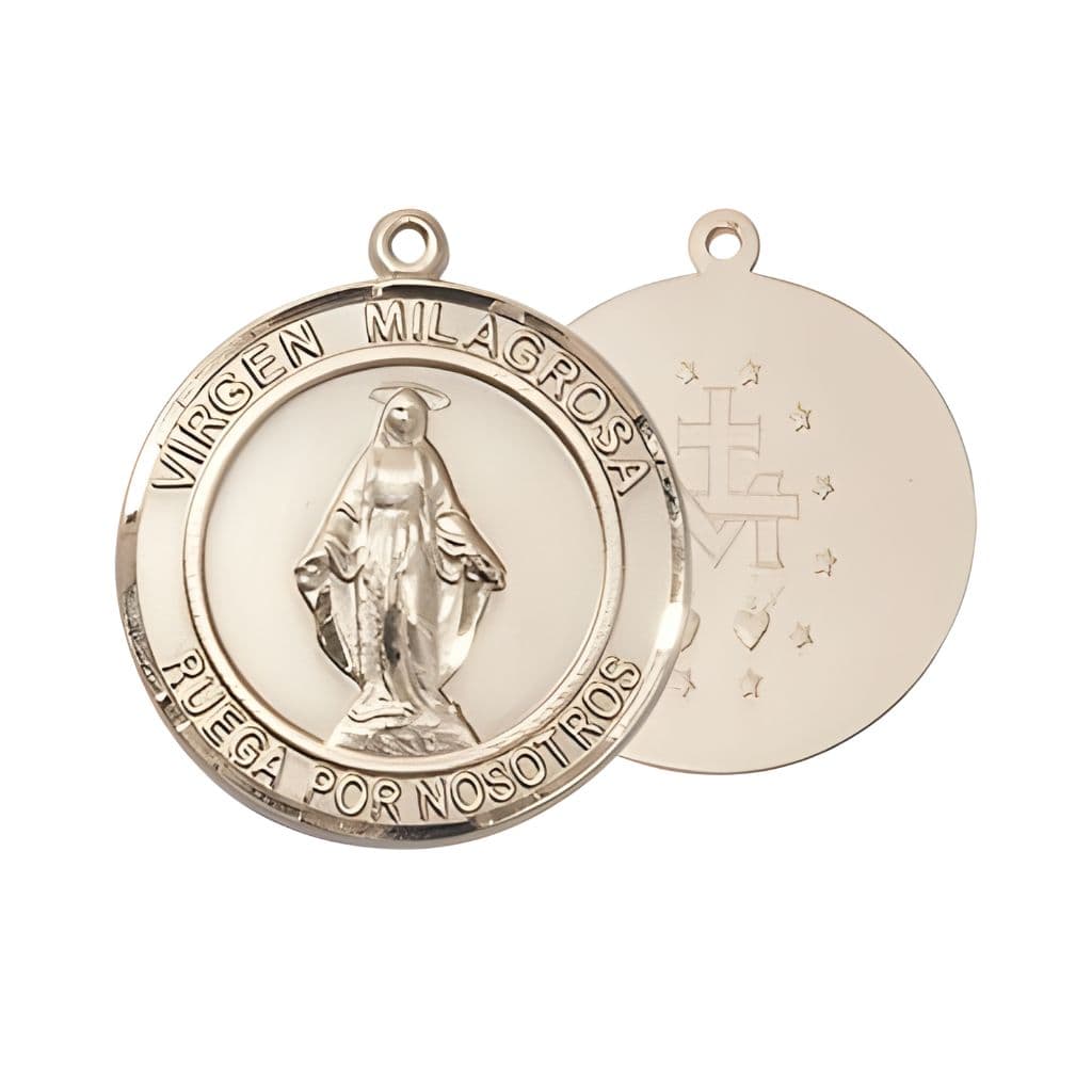 Bliss Round Spanish Virgen Milagrosa | Miraculous Medal 14kt Gold Pendant, Measures 1-inch tall by 7/8-inch wide.