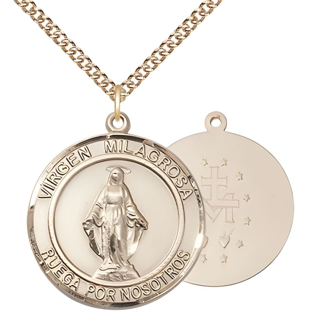 Bliss Round Spanish Virgen Milagrosa | Miraculous Medal 14kt Gold Pendant with 14kt Gold Chain, Measures 1-inch tall by 7/8-inch wide.