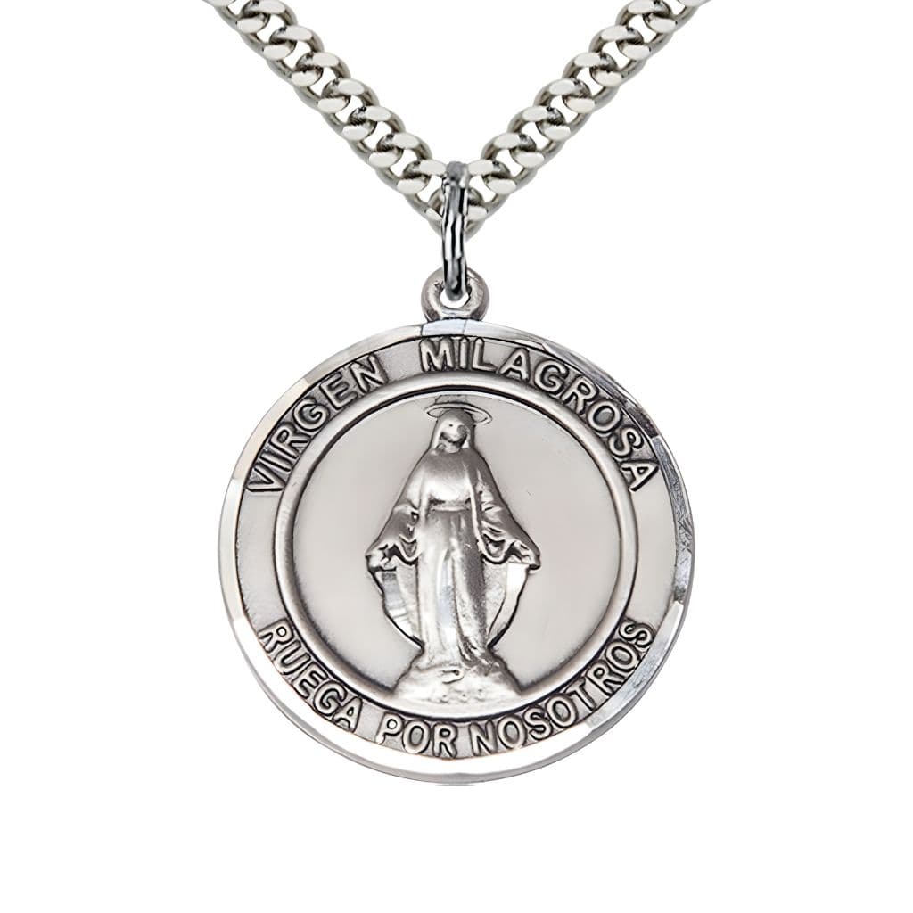 Bliss Round Spanish Virgen Milagrosa | Miraculous Medal Pewter Pendant with Rhodium-plated Chain, Measures 1-inch tall by 3/4-inch wide.