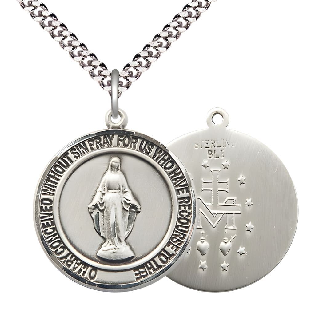Bliss Round Spanish Virgen Milagrosa | Miraculous Medal Sterling Silver Pendant with Rhodium-plated Chain, Measures 1-inch tall by 3/4-inch wide.