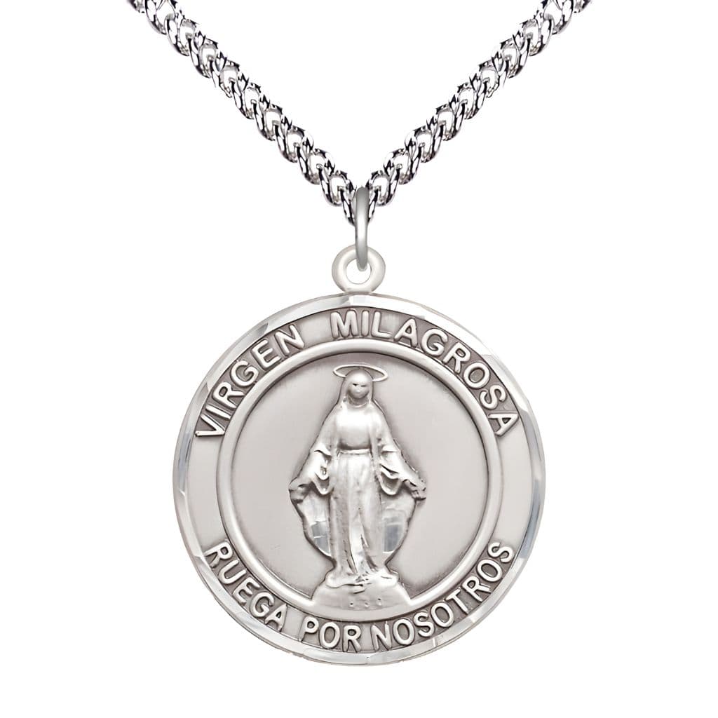 Bliss Round Spanish Virgen Milagrosa | Miraculous Medal Sterling Silver Pendant with Rhodium-plated Chain, Measures 1-inch tall by 3/4-inch wide.