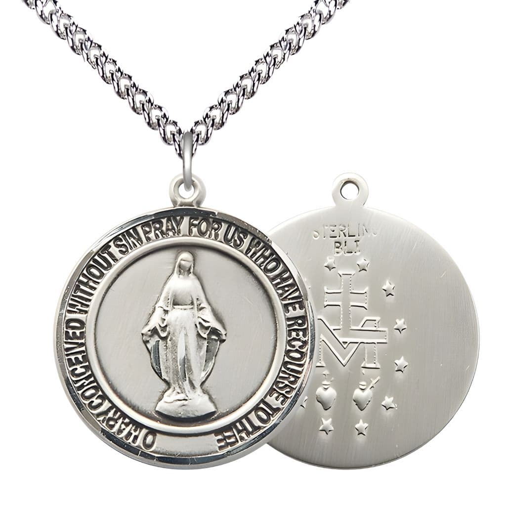 Bliss Round Miraculous Medal Sterling Silver Pendant with Sterling Silver Chain, Measures 1-inch tall by 7/8-inch wide.
