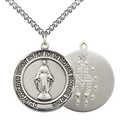 Round Miraculous Medal Sterling Silver Pendant with Sterling Silver Chain, Measures 1-inch tall by 7/8-inch wide, Bliss Manufacturing