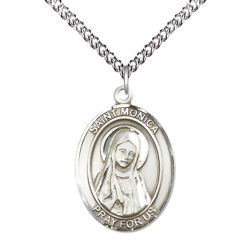 St. Monica Sterling Silver Oval Engravable Medal Necklace with Sterling Silver Chain, 1-inch,