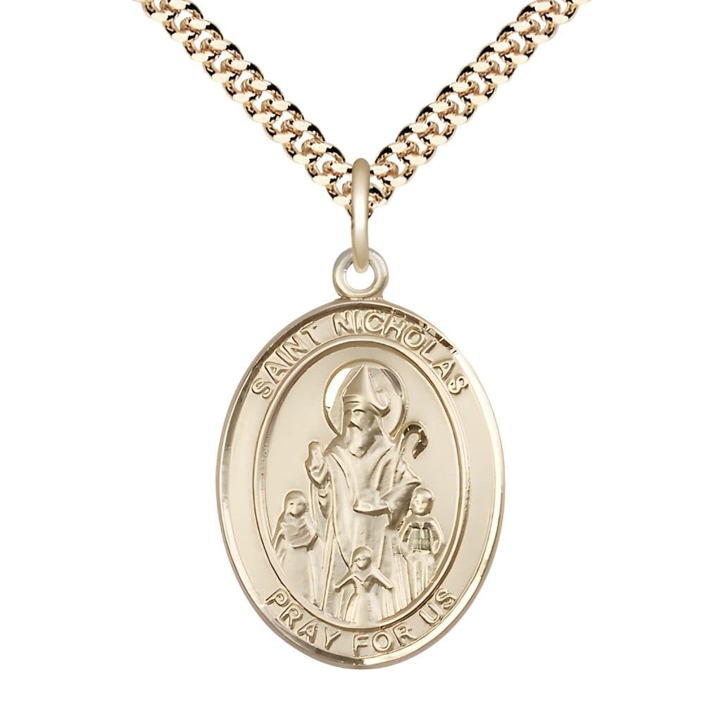 Bliss St. Nicholas 14kt Gold-filled Engravable Medal Engravable Medal Necklace with Gold-plated Chain, Measures 1" tall x 3/4" wide