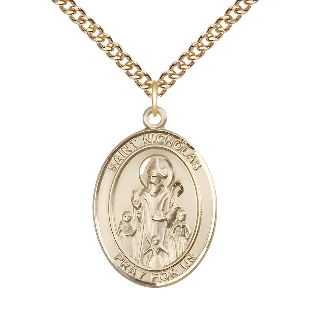 Bliss St. Nicholas 14kt Gold-filled Engravable Medal Engravable Medal Necklace with Gold-filled Chain, Measures 1" tall x 3/4" wide