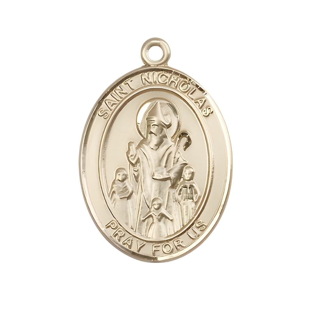 Bliss St. Nicholas 14kt Gold Engravable Medal Engravable Medal, Measures 1" tall x 3/4" wide