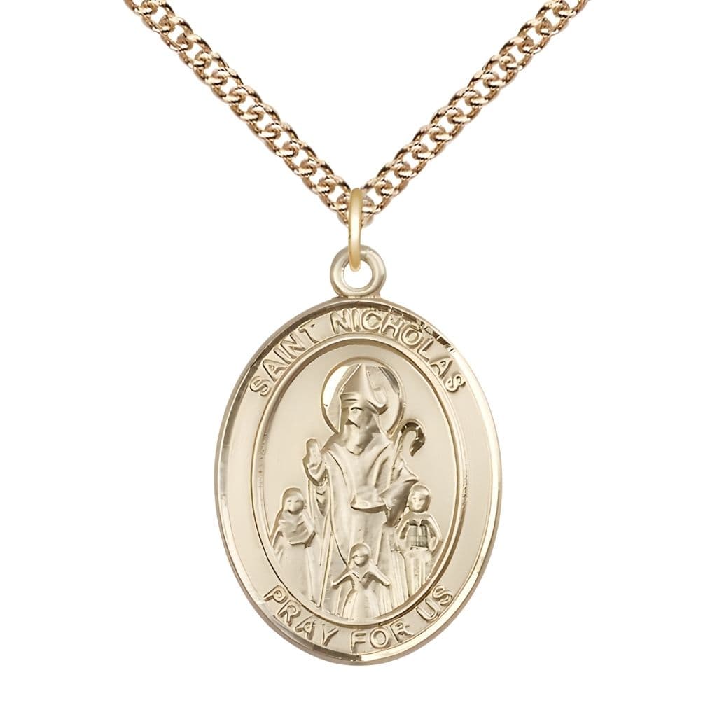 Bliss St. Nicholas 14kt Gold Engravable Medal Engravable Medal Necklace with 14kt Gold-Chain, Measures 1" tall x 3/4" wide