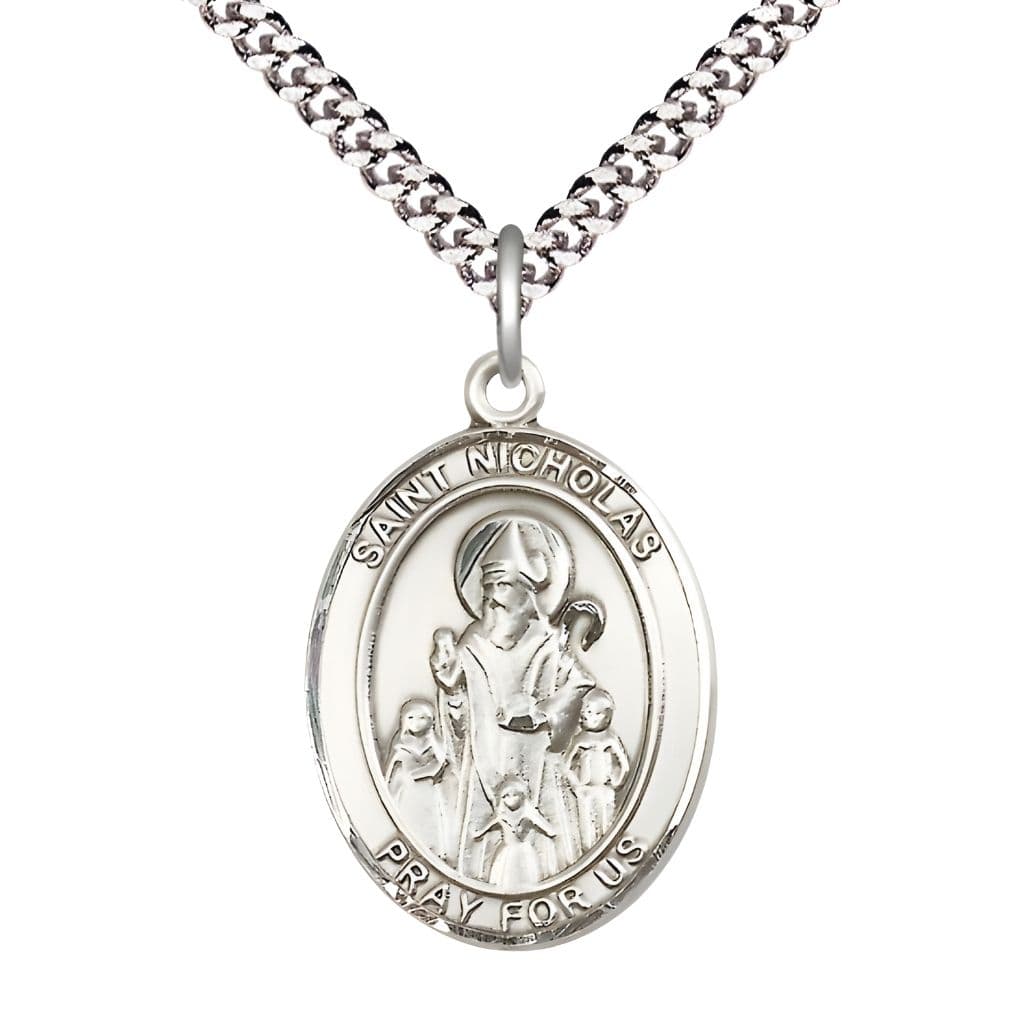 St. Nicholas Sterling Silver Engravable Medal Necklace with Plated Chain, Measures 1" tall x 3/4" wide
