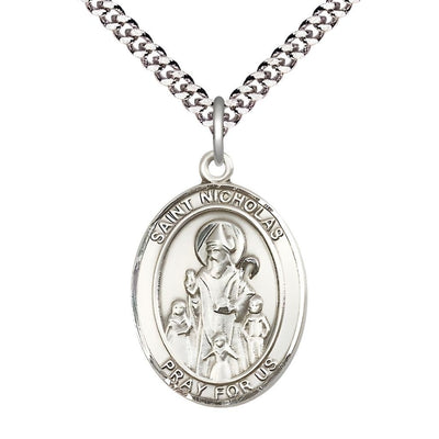 St. Nicholas Sterling Silver Engravable Medal Necklace with Plated Chain, Measures 1" tall x 3/4" wide, Bliss Manufacturing