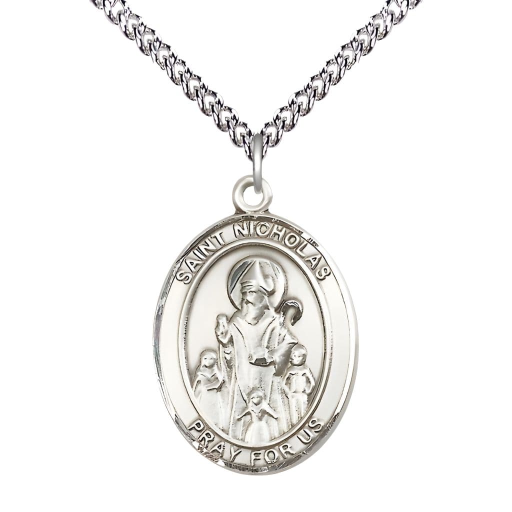 St. Nicholas Sterling Silver Engravable Medal Necklace with Sterling Chain, Measures 1" tall x 3/4" wide