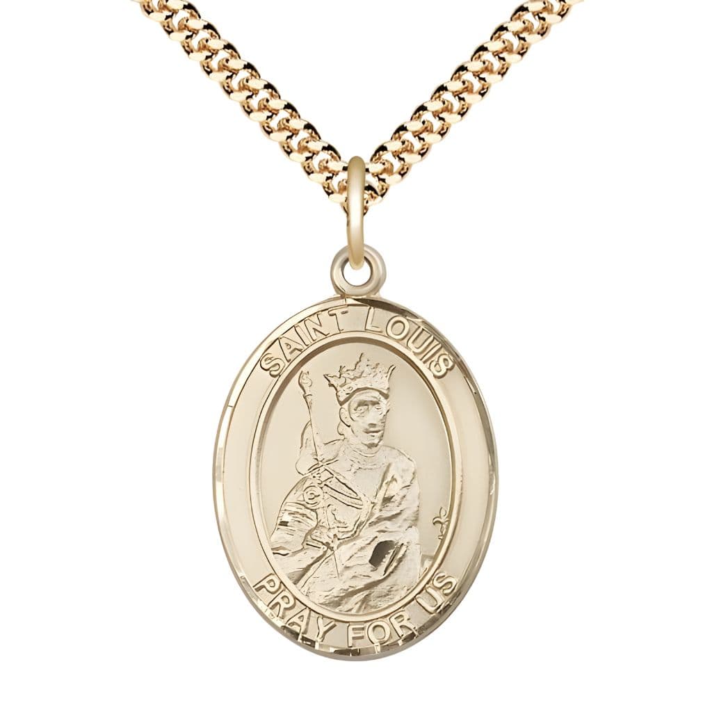 Bliss St. Louis IX of France 14kt Gold-filled Oval Medal Pendant with Gold-plated Chain, Measures 1-inch tall by 3/4-inch wide.