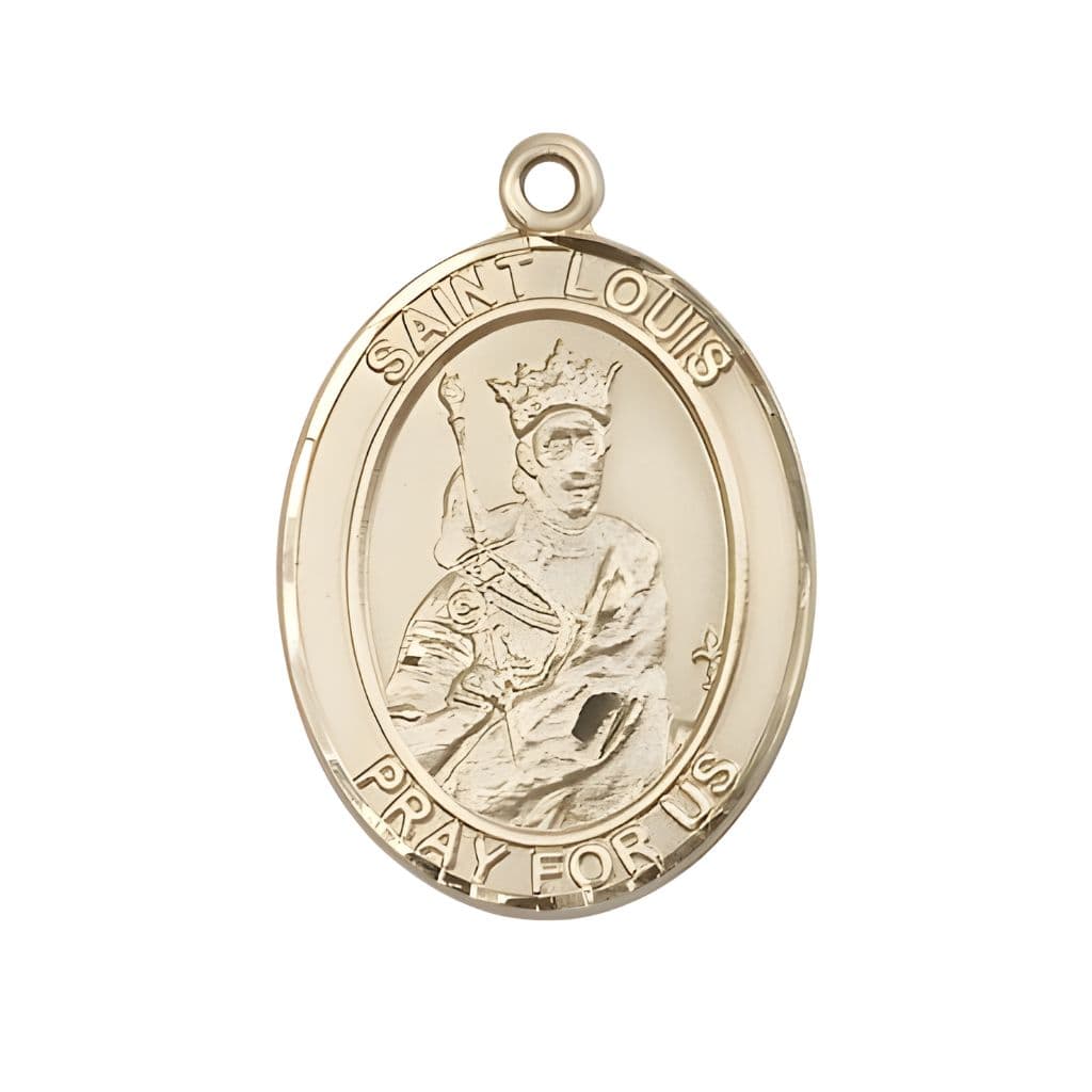 Bliss St. Louis IX of France 14kt Gold Oval Medal Pendant, Measures 1-inch tall by 3/4-inch wide.