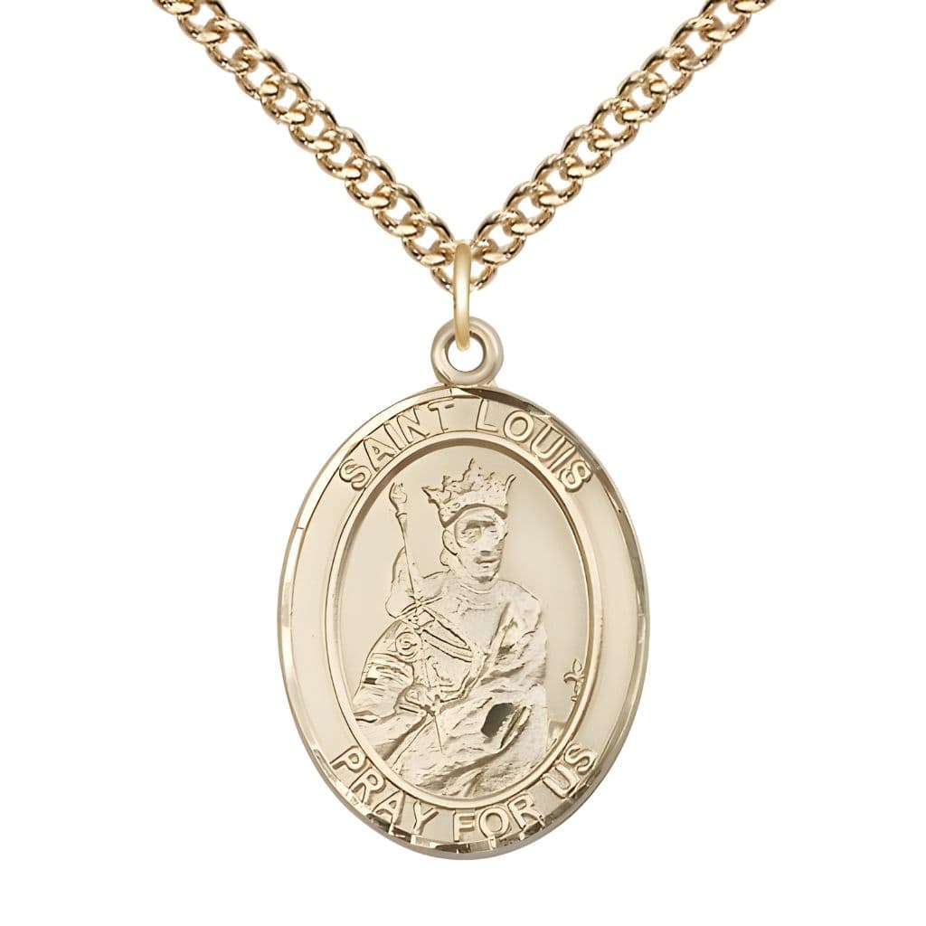 Bliss St. Louis IX of France 14kt Gold Oval Medal Pendant with 14kt Gold Chain, Measures 1-inch tall by 3/4-inch wide.