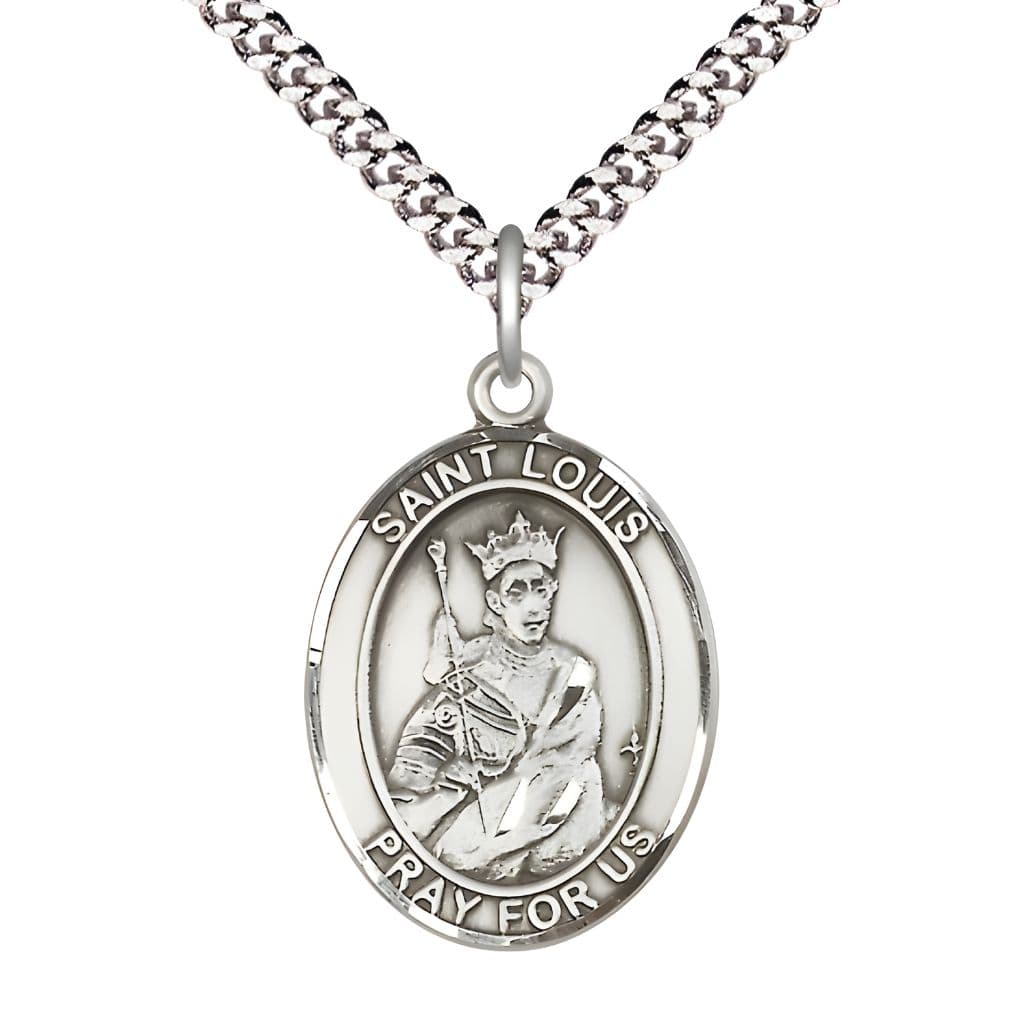 Bliss St. Louis IX of France Pewter Oval Medal Pendant with Rhodium-plated Chain, Measures 1-inch tall by 3/4-inch wide.