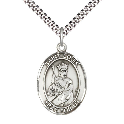 St. Louis IX of France Pewter Oval Medal Pendant with Rhodium-plated Chain, Measures 1-inch tall by 3/4-inch wide, Bliss Manufacturing
