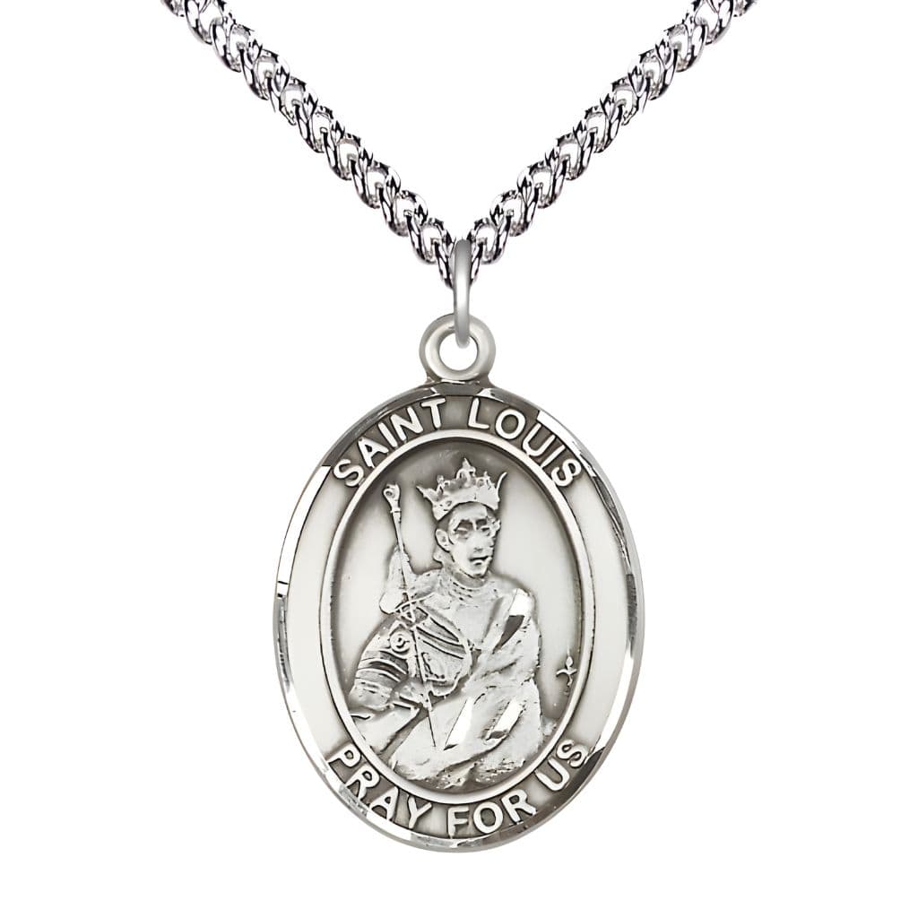 Bliss St. Louis IX of France Sterling Silver Oval Medal Pendant with Sterling Chain, Measures 1-inch tall by 3/4-inch wide.