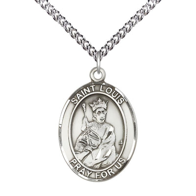 St. Louis IX of France Sterling Silver Oval Medal Pendant with Sterling Chain, Measures 1-inch tall by 3/4-inch wide, Bliss Manufacturing