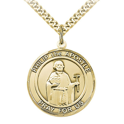 St. Philip the Apostle 14kt Gold-filled Round Medal Pendant with Gold-plated Chain, Measures 1-inch tall by 7/8-inch wide. Deluxe Gift Box, Bliss Manufacturing