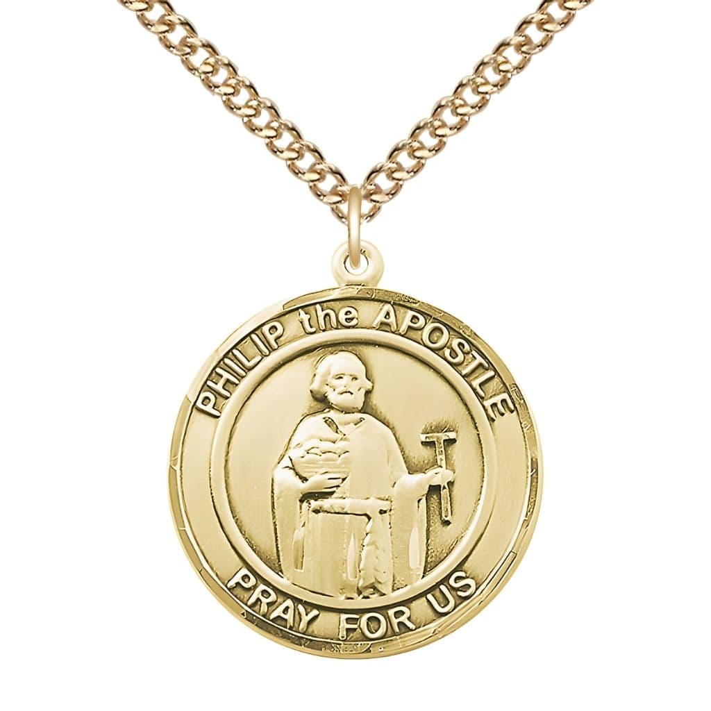 Bliss St. Philip the Apostle 14kt Gold-filled Round Medal Pendant with Gold-filled Chain, Measures 1-inch tall by 7/8-inch wide. Deluxe Gift Box.