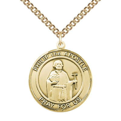 St. Philip the Apostle 14kt Gold-filled Round Medal Pendant with Gold-filled Chain, Measures 1-inch tall by 7/8-inch wide. Deluxe Gift Box, Bliss Manufacturing
