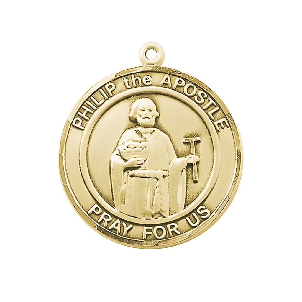 Bliss St. Philip the Apostle 14kt Gold Round Medal Pendant with 14kt Gold Chain, Measures 1-inch tall by 7/8-inch wide. Deluxe Gift Box.
