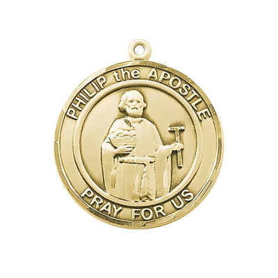 St. Philip the Apostle 14kt Gold Round Medal Pendant with 14kt Gold Chain, Measures 1-inch tall by 7/8-inch wide. Deluxe Gift Box, Bliss Manufacturing