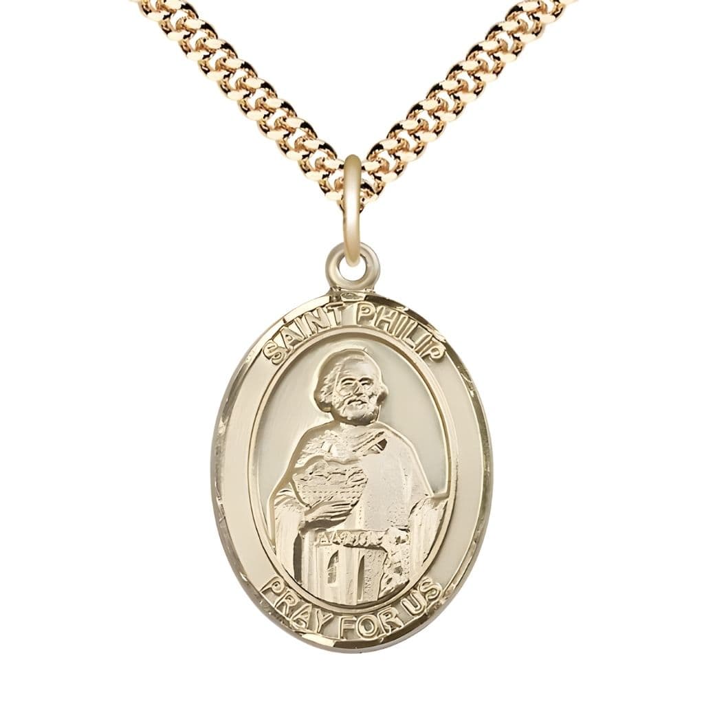 Bliss St. Philip the Apostle 14kt Gold-filled Oval Medal Pendant with Gold-plated Chain, Measures 1-inch tall by 3/4-inch wide. Deluxe Gift Box.