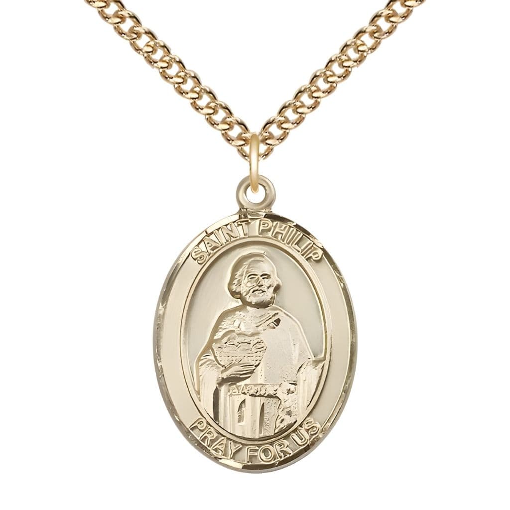 Bliss St. Philip the Apostle 14kt Gold-filled Oval Medal Pendant with Gold-filled Chain, Measures 1-inch tall by 3/4-inch wide. Deluxe Gift Box.