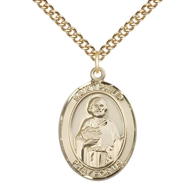 St. Philip the Apostle 14kt Gold Oval Medal Pendant with 14kt Gold Chain, Measures 1-inch tall by 3/4-inch wide. Deluxe Gift Box, Bliss Manufacturing