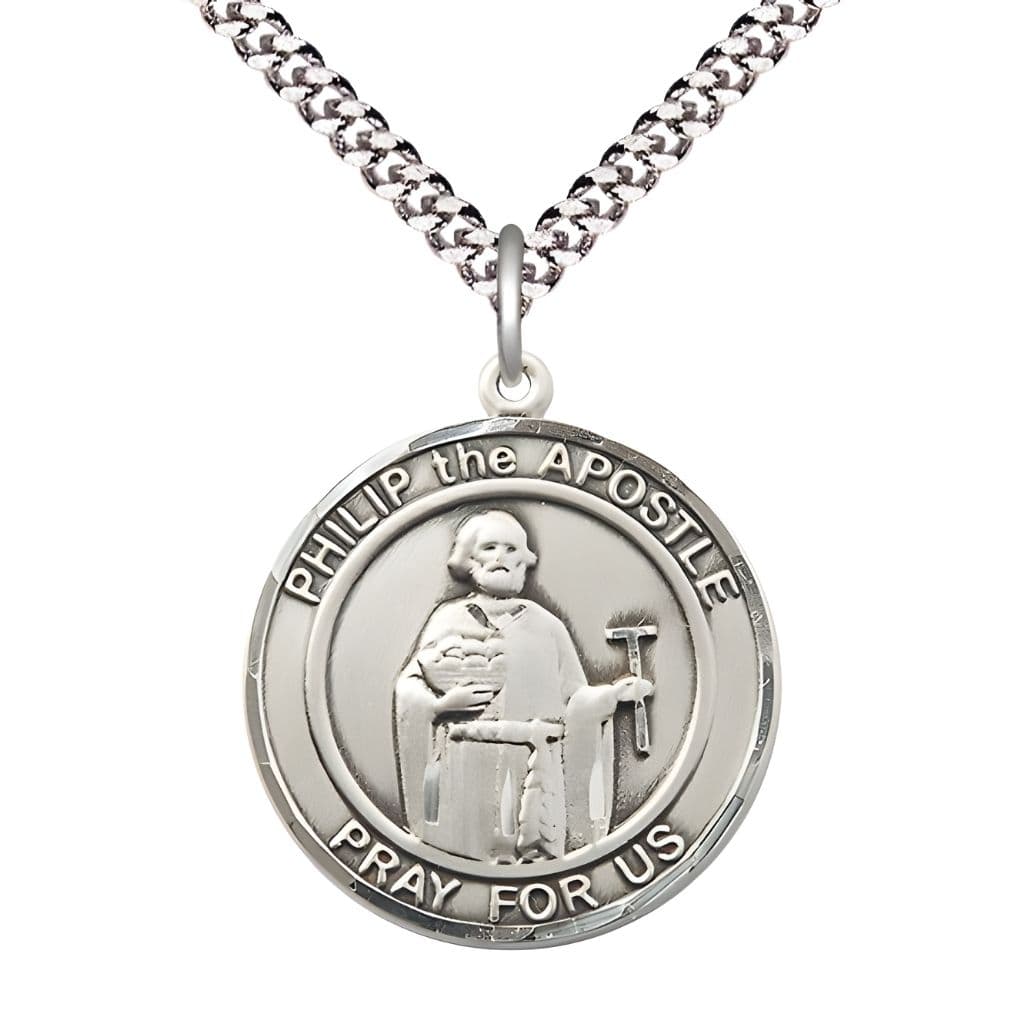 Bliss St. Philip the Apostle Pewter Round Medal Pendant with Rhodium-plated Chain, Measures 1-inch tall by 7/8-inch wide. Deluxe Gift Box.