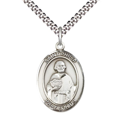St. Philip the Apostle Sterling Silver Oval Medal Pendant with Rhodium-plated Chain, Measures 1-inch tall by 3/4-inch wide. Deluxe Gift Box, Bliss Manufacturing