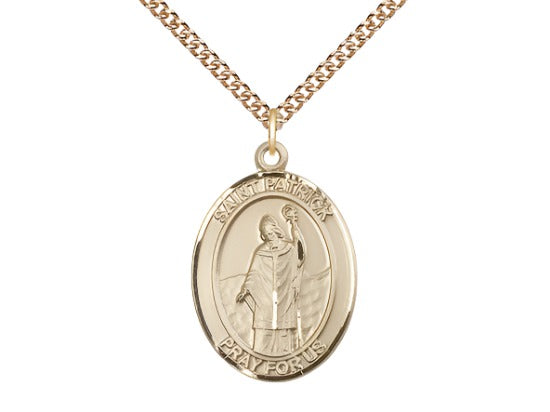 Large Bliss 14kt Gold St Patrick Pendant on a 24 inch 14kt Gold Heavy Curb Chain,