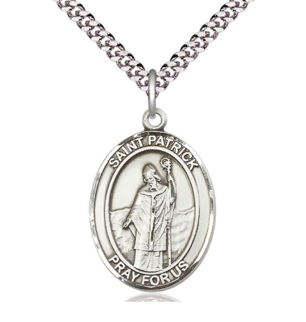 Large Bliss Pewter St Patrick Pendant on a 24 inch Light Rhodium-plated Heavy Curb Chain,